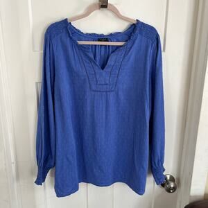Talbots Popover Top Royal Blue Smocked Shoulder Cuff Dot Detail 2XL